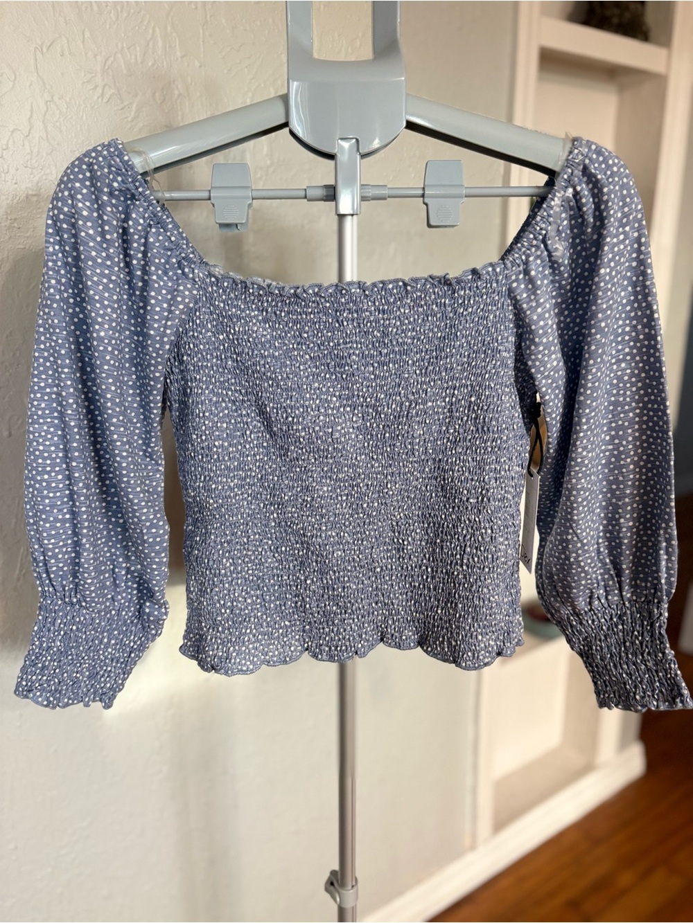 Dex 100% Cotton Smocked Puff Sleeve Square Neck Top Blue Dot NWT Small